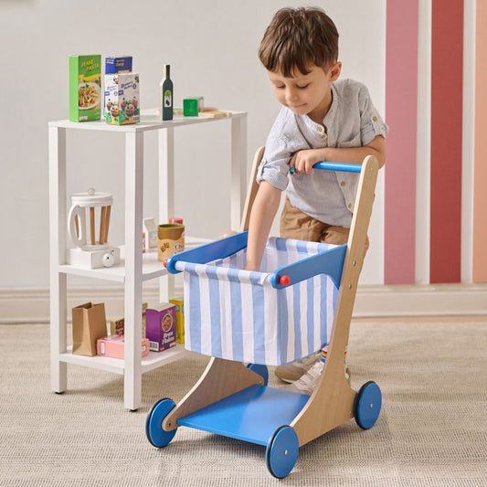 Little Helper Mr. Fresh Wooden Shopping Cart with 13 Grocery Accessories - Blue