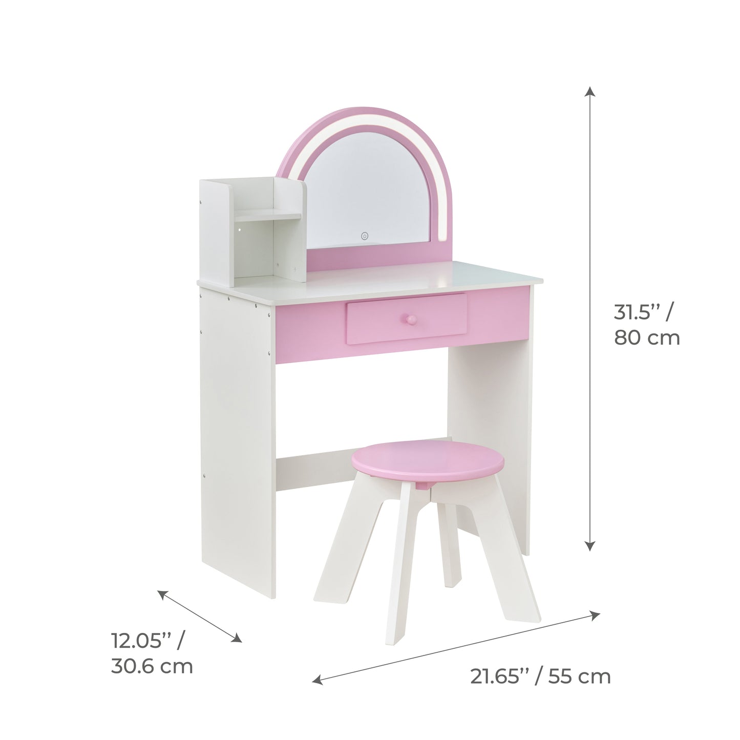 Rosé Shine Wood Vanity & Desk with LED Mirror & Stool - Pink/White