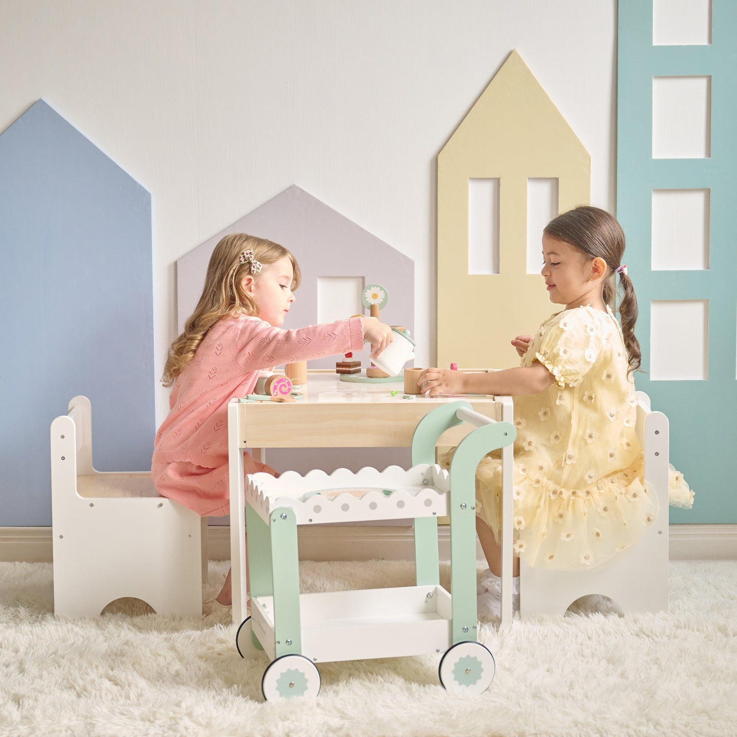 Afternoon Sip Wood Dessert Cart with 21 Pieces & Rotatable Wheels