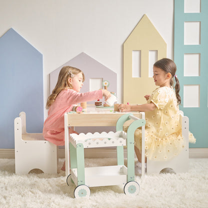 Afternoon Sip Wood Dessert Cart with 21 Pieces & Rotatable Wheels