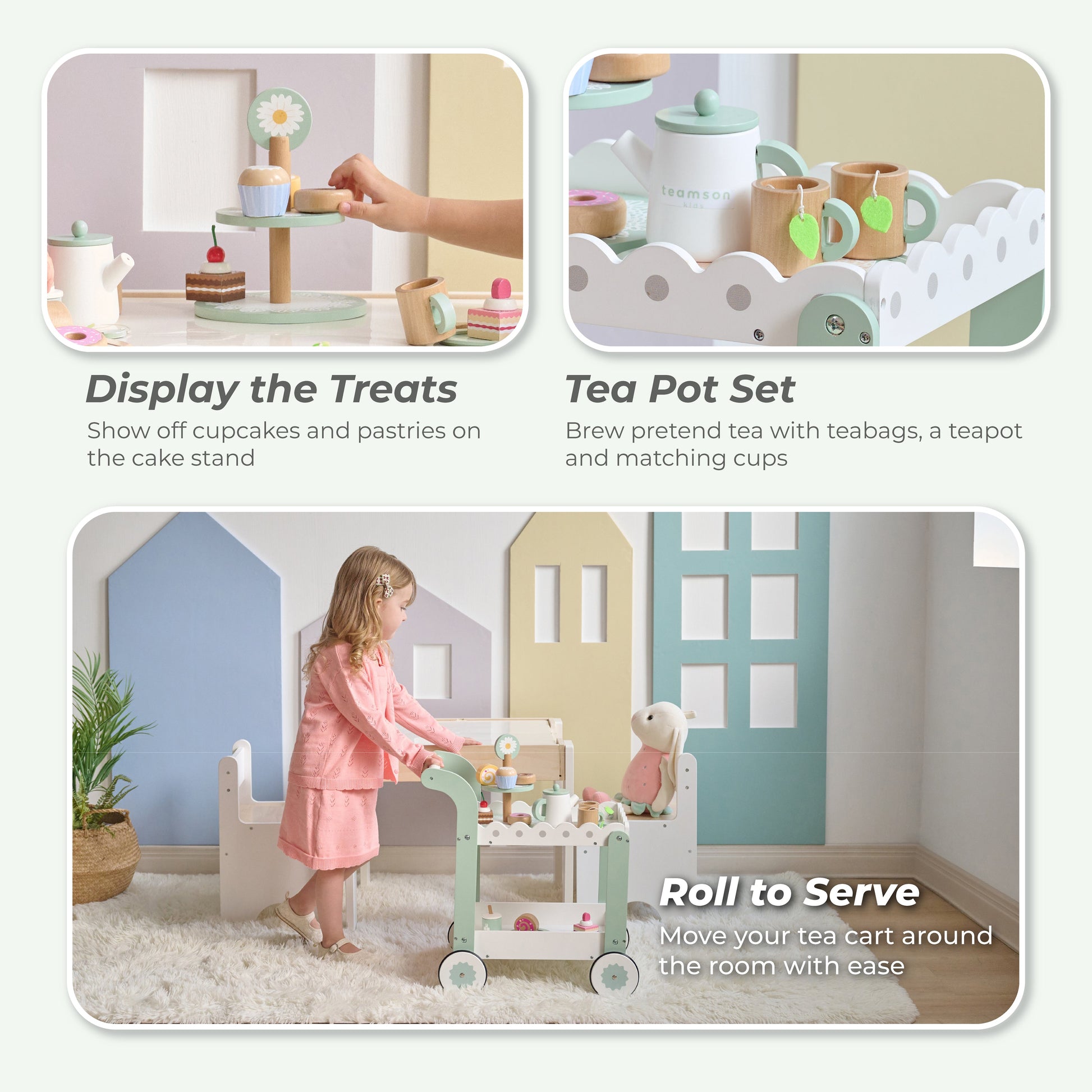 Afternoon Sip Wood Dessert Cart with 21 Pieces & Rotatable Wheels
