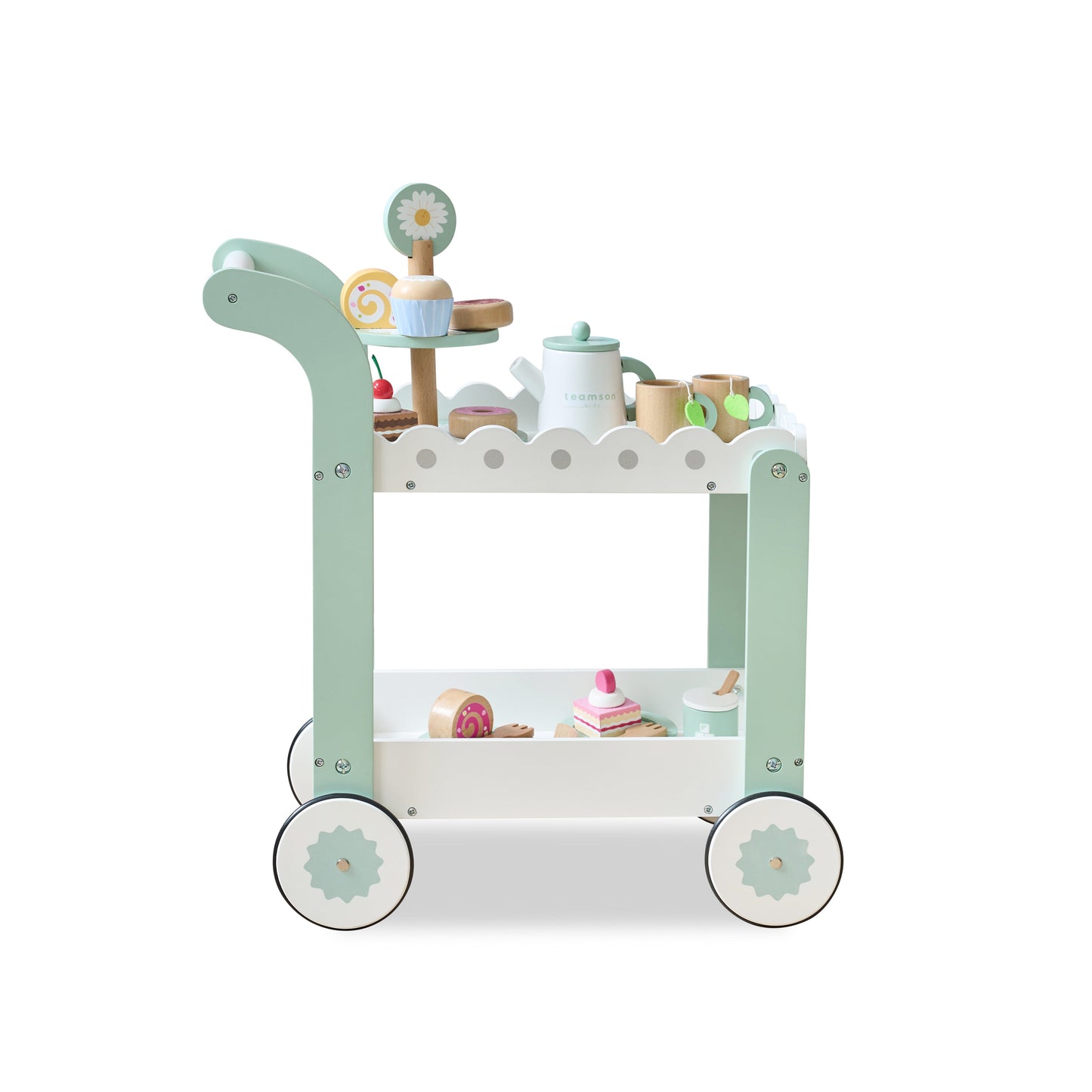 Afternoon Sip Wood Dessert Cart with 21 Pieces & Rotatable Wheels