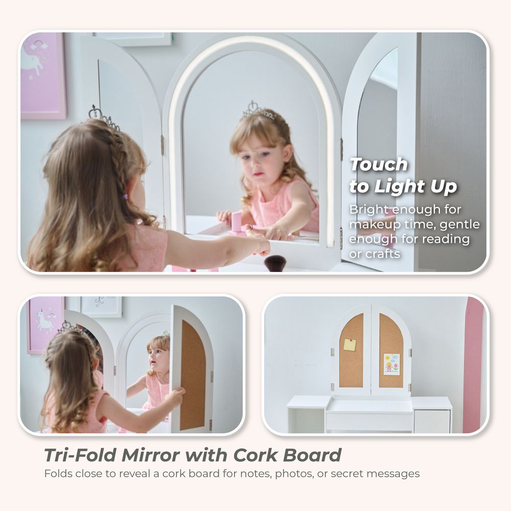 Deluxe Glow Wooden Vanity Desk with LED Lights & Cork Panels