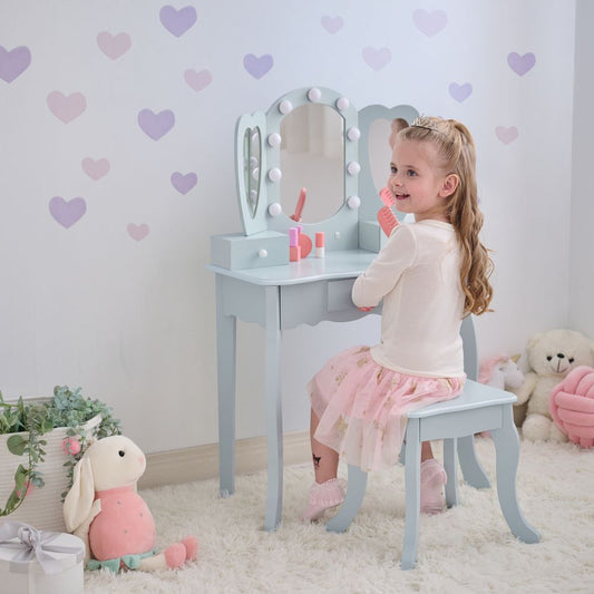 Heart Glow Wooden Vanity Set with LED Lights Mirror & Stool - Blue