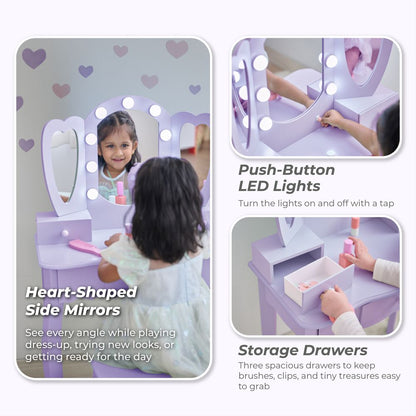 Heart Glow Wooden Vanity Set with LED Lights Mirror & Stool - Sage Green