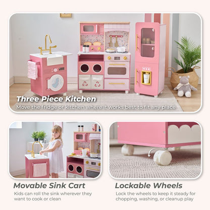 Little Chef Savannah Wooden Play Kitchen with 3 Modular Pieces - Pink