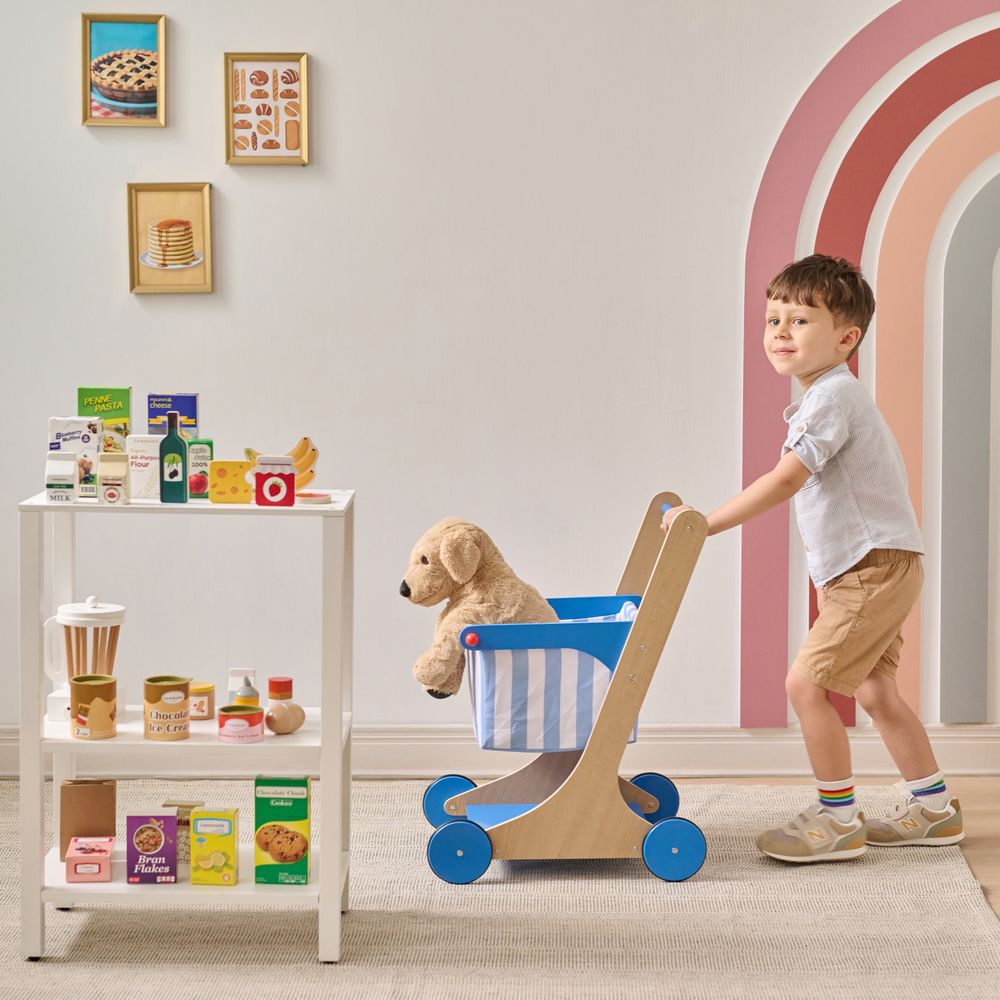 Little Helper Mr. Fresh Wooden Shopping Cart with 13 Grocery Accessories - Blue