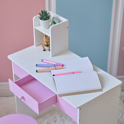 Rosé Shine Wood Vanity & Desk with LED Mirror & Stool - Pink/White