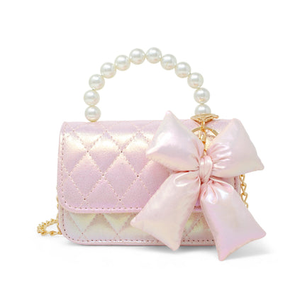 Shiny Quilted Fluffy Bow Handbag - Pink
