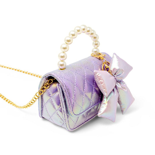 Shiny Quilted Fluffy Bow Handbag - Purple
