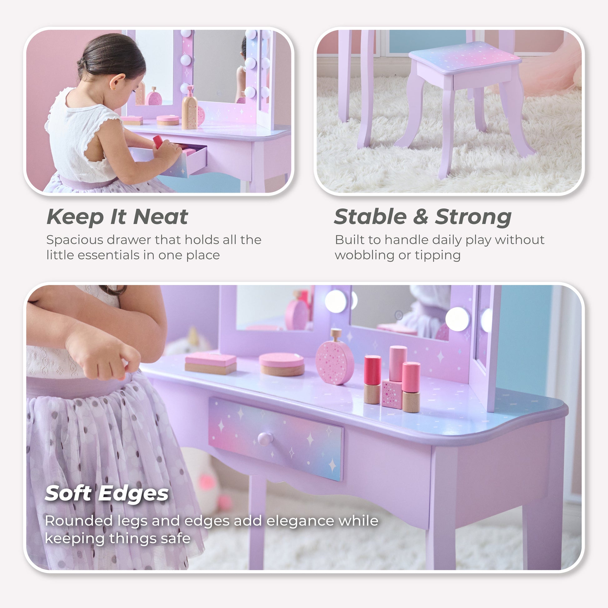 Stardust Gisele Wood Vanity Table with LED Mirror & Drawer - Purple