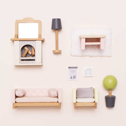 Wooden Dollhouse Living Room Furniture Set - 19 Pieces